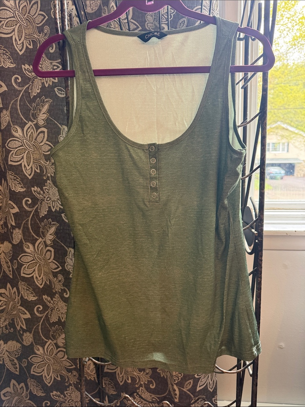 Chico's Olive Green Ribbed Henley Tank